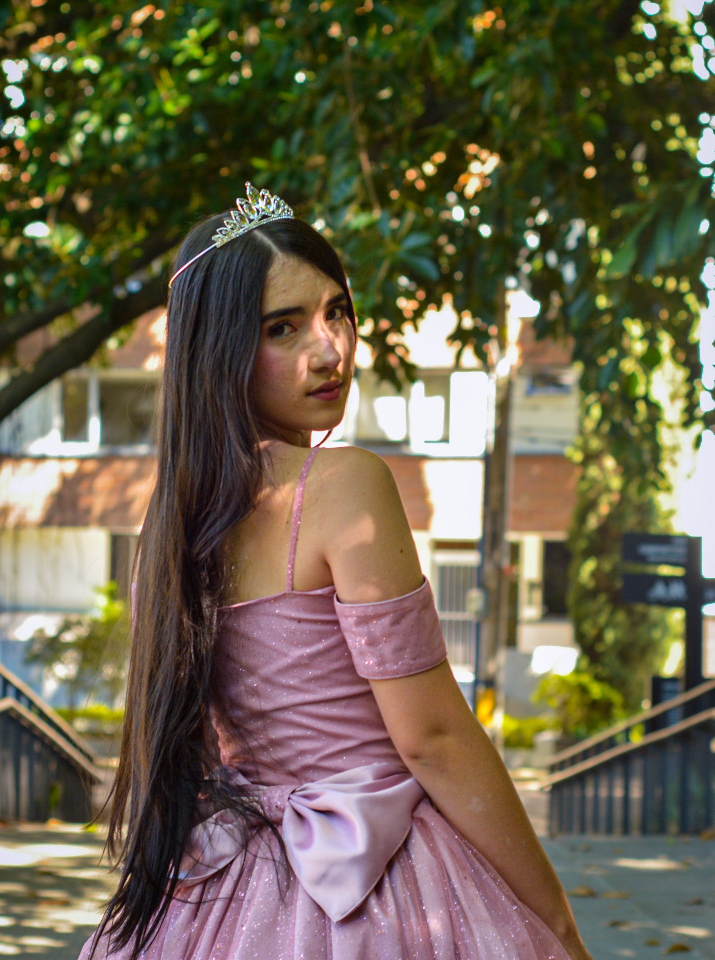 Vestido rosa con corona mirando sobre el hombro entre árboles