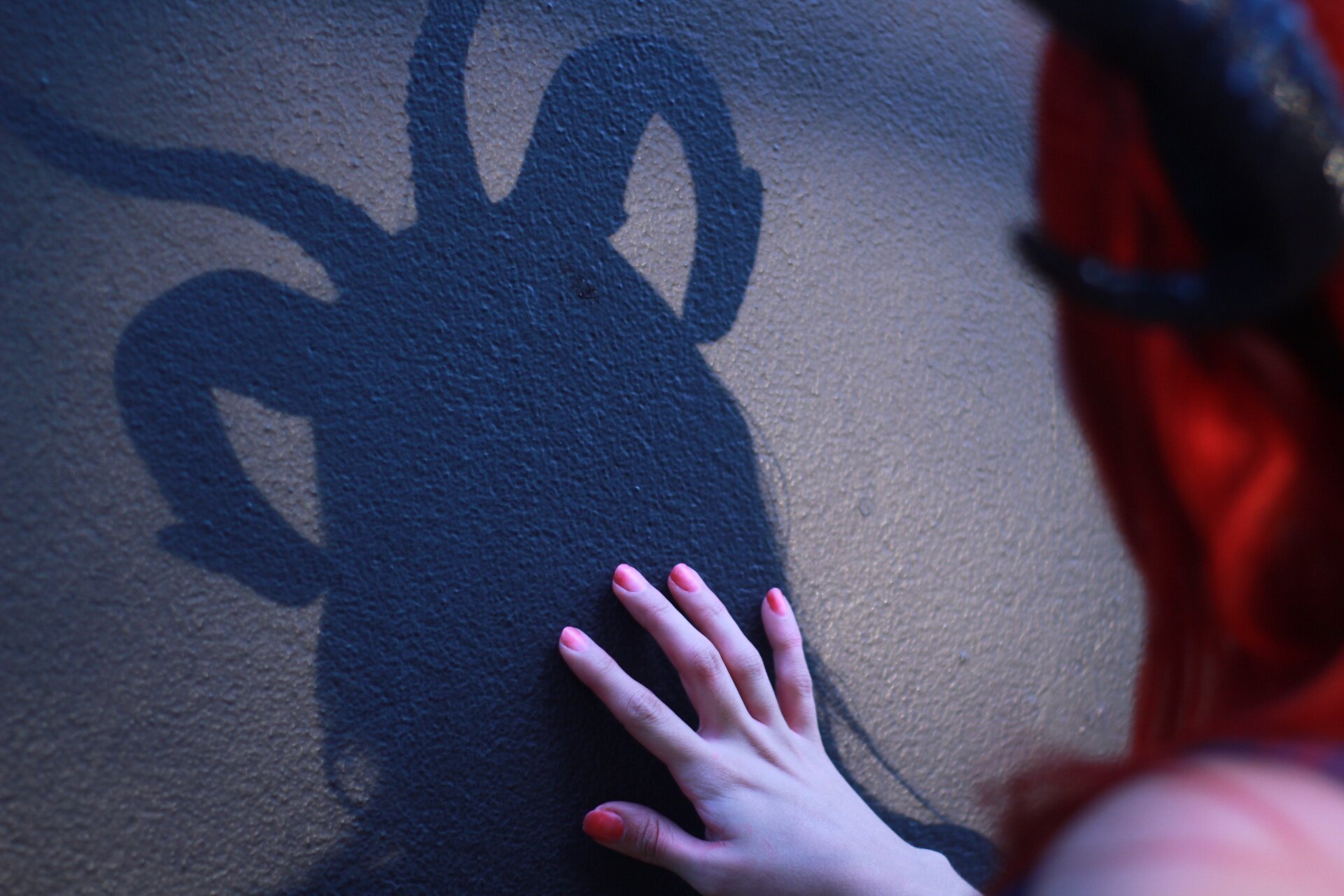 Mano sobre sombra de pulpo pintada en muro al atardecer
